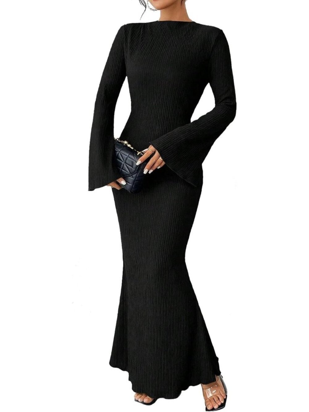 Women's Black SOLID Boho Flare Sleeve Imported Polyester Maxi Bodycon Dress